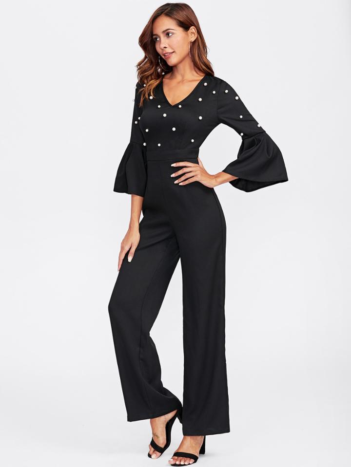 Shein Pearl Embellished Trumpet Sleeve Jumpsuit