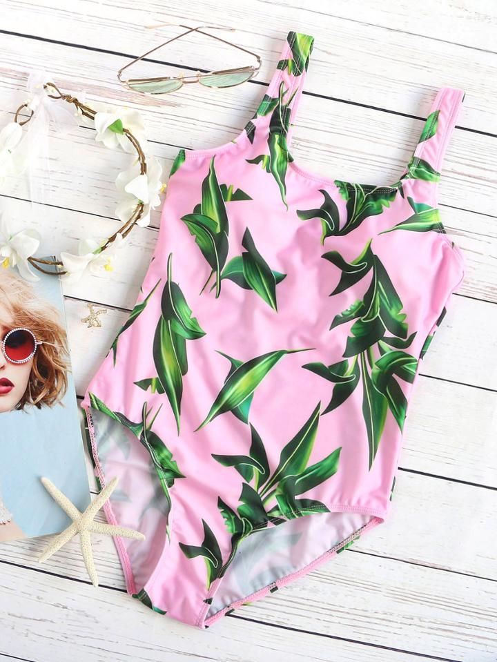 Shein Pink Leaf Print One-piece Swimwear