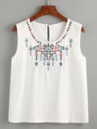 Shein White Keyhole Back Embroidered Tank Top