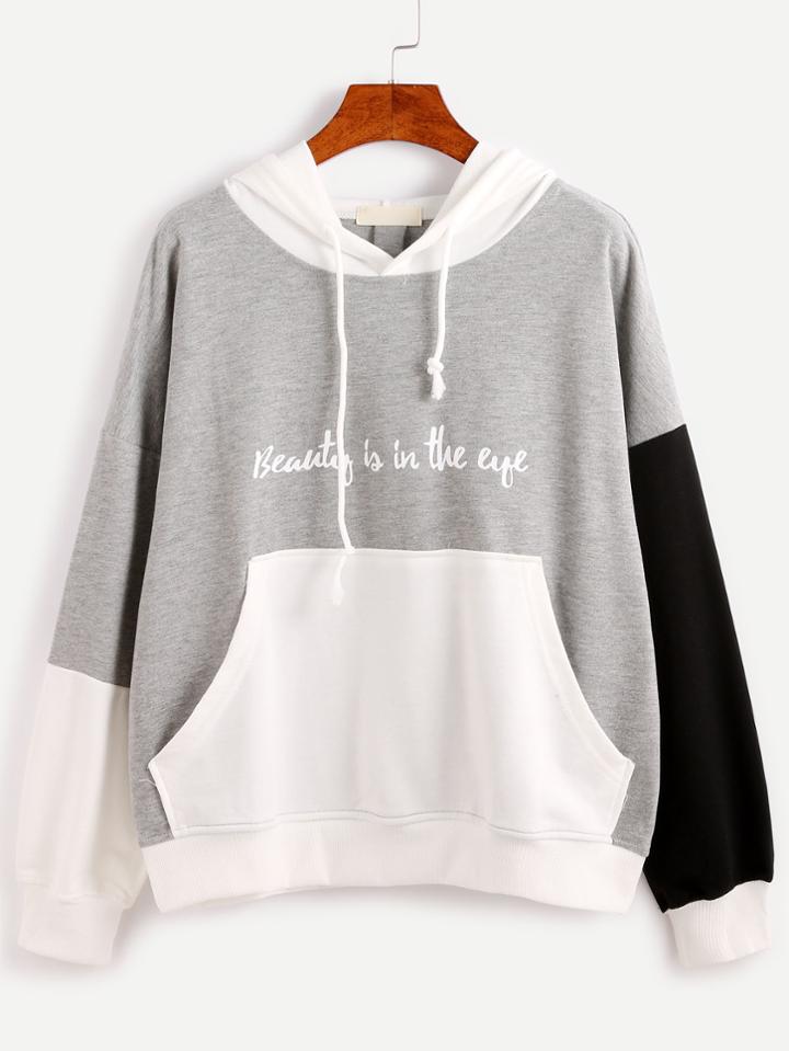 Shein Color Block Slogan Print Hooded Sweatshirt