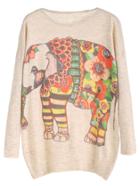Shein Beige Elephant Print Drop Shoulder Jersey Sweater