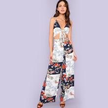 Shein Knot Front Wide Leg Floral Cami Jumpsuit