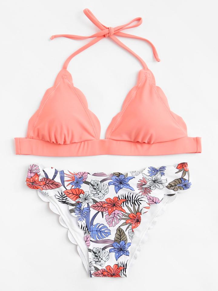 Shein Tropical Print Scallop Trim Halter Bikini Set
