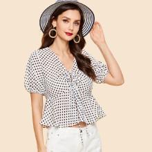 Shein Polka Dot Drawstring Ruffle Hem Bishop Sleeve Blouse