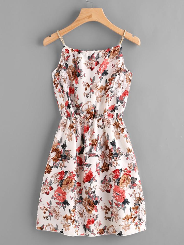 Shein Braided Bead Strap Self Tie Calico Print Dress