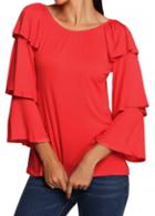 Rosewe Red Long Sleeve Round Neck Blouse