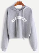 Shein Grey Hooded Letter Print Raw Hem Crop Sweatshirt