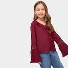 Shein Girls Pleated Bell Sleeve Lace Insert Ruffle Top