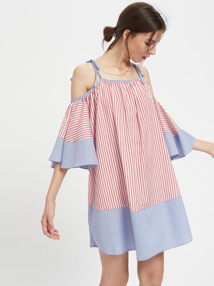 Shein Tie Shoulder Striped Flute Sleeve Dress