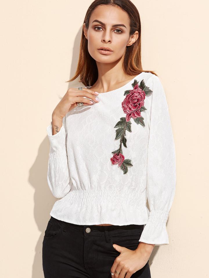 Shein White Embroidered Applique Lace Blouse