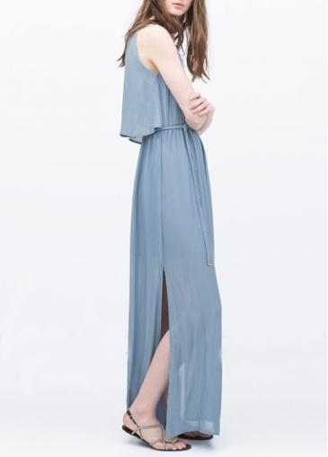 Rosewe V Neck Side Slit Drawstring Waist Maxi Dress