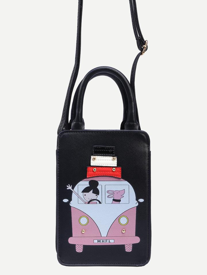 Shein Black Cartoon Print Box Tote Bag With Strap