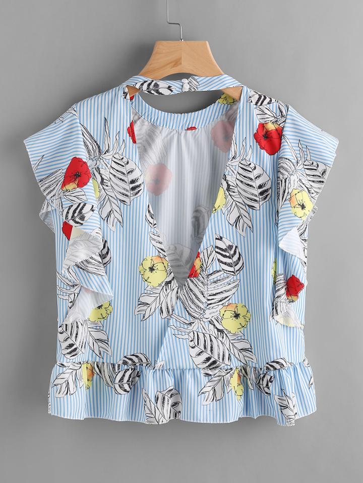 Shein Jungle Print Frill Trim Surplice Back Striped Blouse