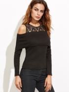 Shein Black Lace Insert Open Shoulder Foldover T-shirt