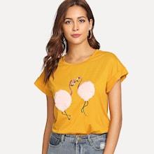Shein Flamingo Embroidered T-shirt