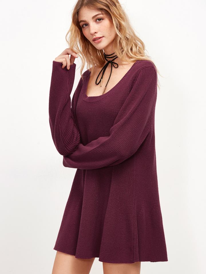 Shein Burgundy Scoop Neck Swing Sweater Dress