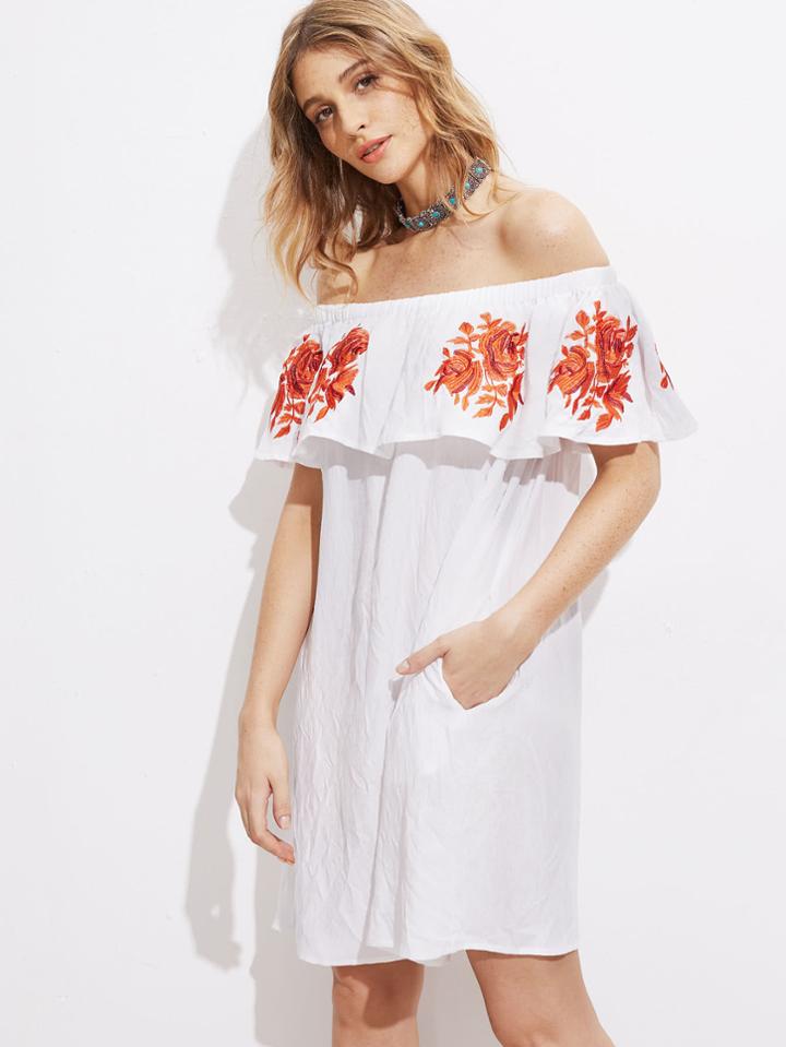 Shein Flower Embroidered Frill Off Shoulder Dress