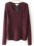 Shein V Neck Cable Knit Burgundy Sweater