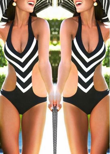 Rosewe Black And White Stripe Print Halter Monokini