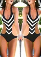 Rosewe Black And White Stripe Print Halter Monokini