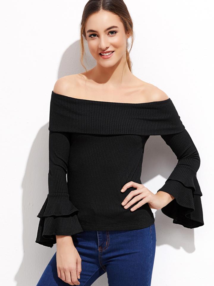 Shein Black Foldover Off The Shoulder Ruffle Cuff T-shirt