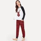 Shein Christmas Raglan Sleeve Graphic Tee & Plaid Pants Set