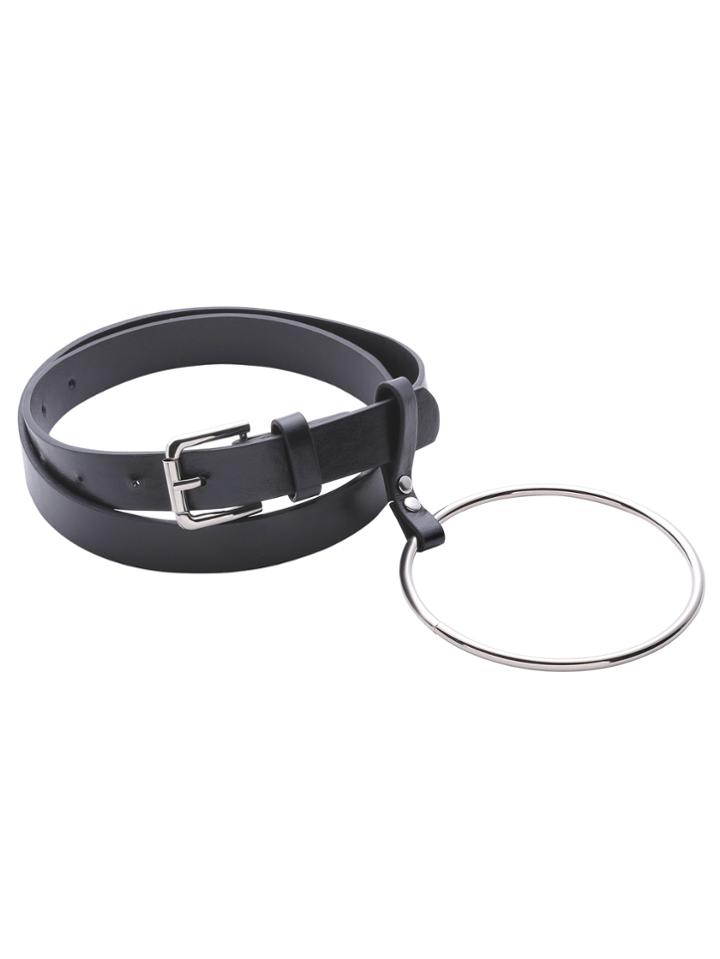 Shein Black Buckled Faux Leather Belt With Big Hoop