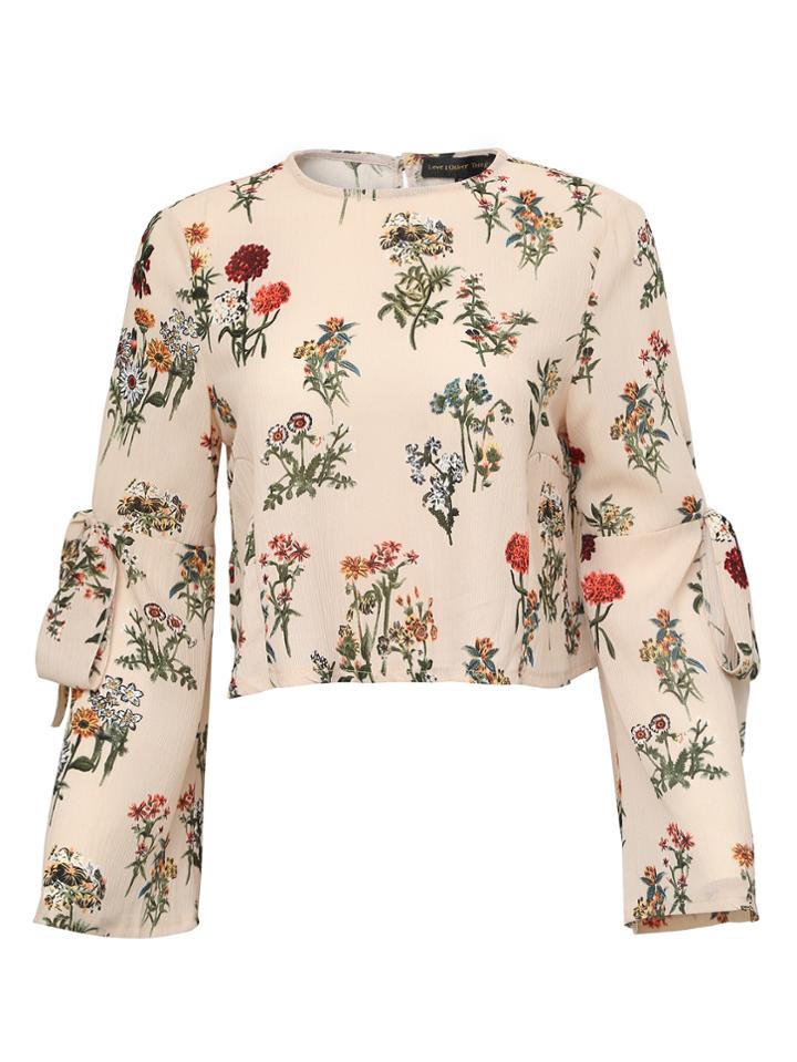 Shein Apricot Floral Bow Tie Key-hole Back Blouse