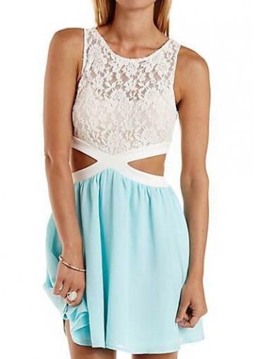 Rosewe Light Blue Hollow Out Waist Lace Patchwork Dress
