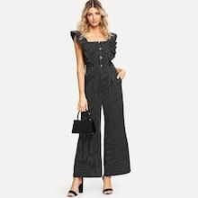 Shein Ruffle Armhole Slant Pocket Wide Leg Striped Jumpsuit