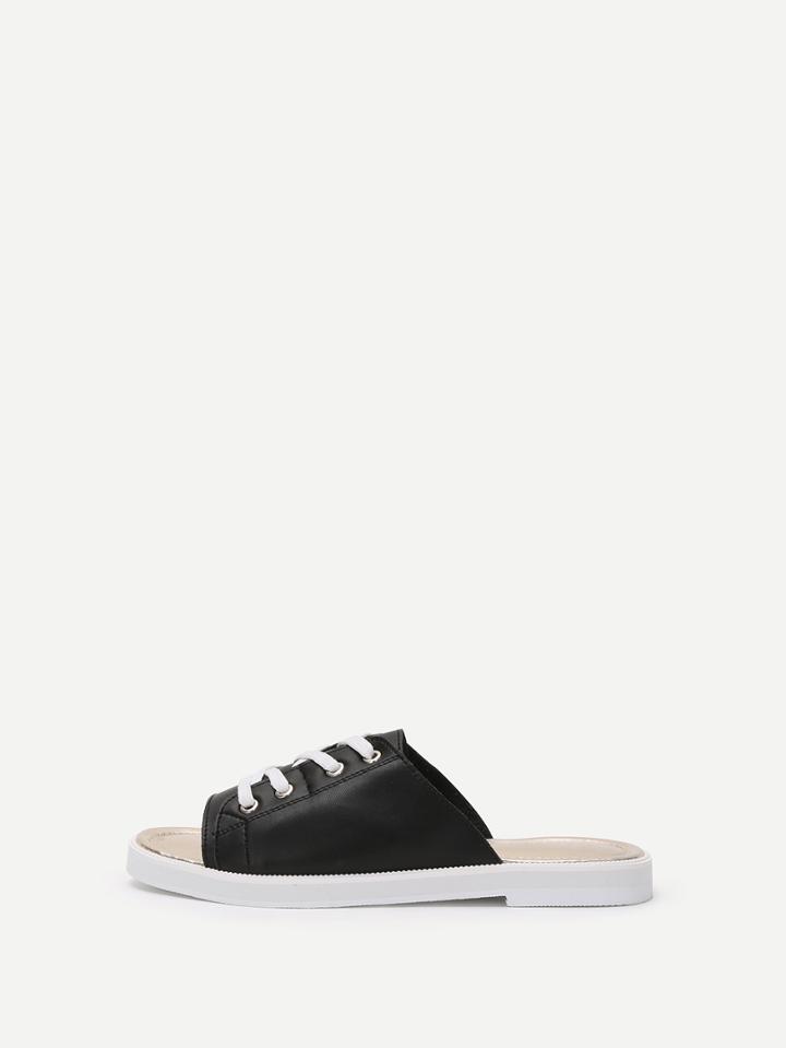 Shein Black Peep Toe Lace Up Casual Slippers
