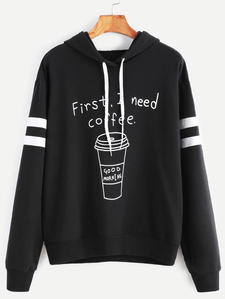 Shein Black Coffee Print Striped Sleeve Hoodie