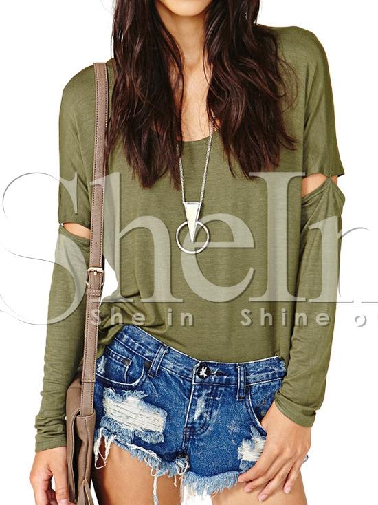 Shein Army Green Long Sleeve Cut Out T-shirt