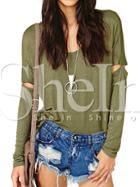 Shein Army Green Long Sleeve Cut Out T-shirt