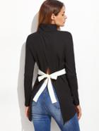 Shein Black High Neck Split Tied Back Ribbed T-shirt