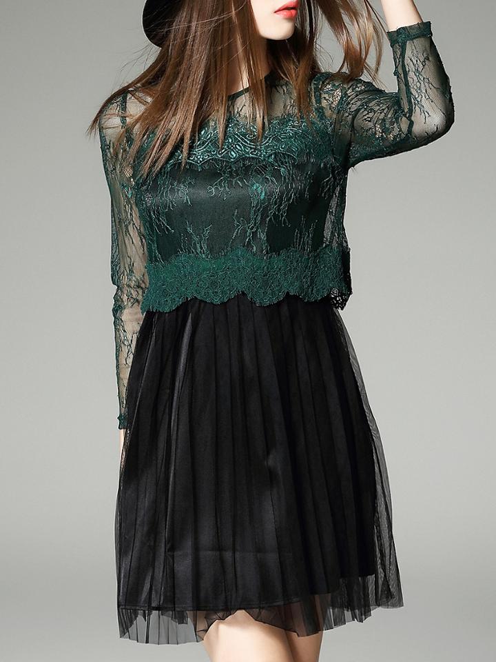 Shein Green Gauze Embroidered Pleated A-line Dress