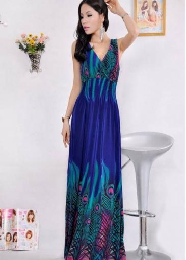 Rosewe Deep Blue Printed Sleeveless Sheared Waist Long Dress