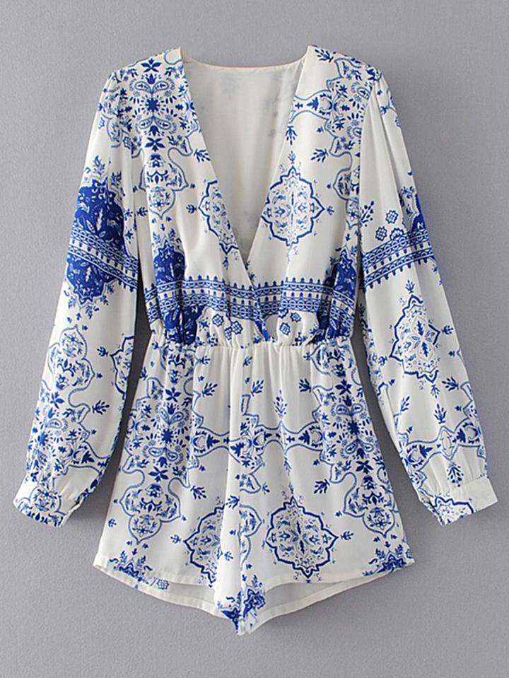 Shein Plunging V-neckline Floral Playsuit