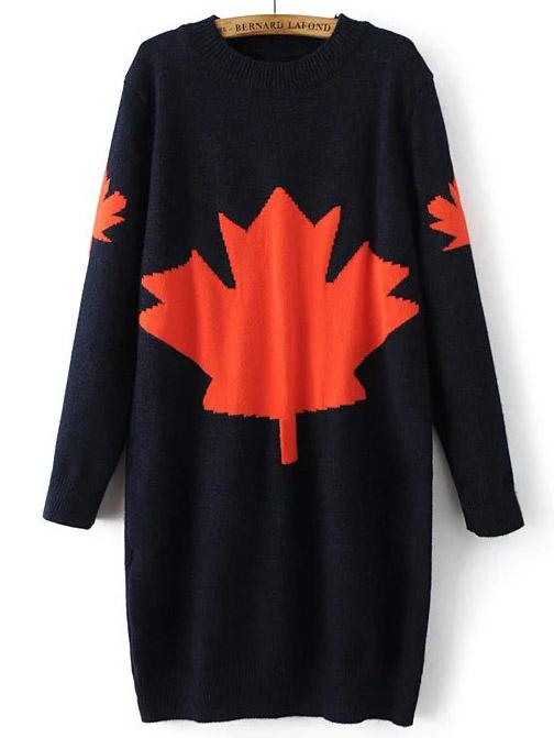 Shein Navy Leaf Pattern Ribbed Trim Sweater Dress