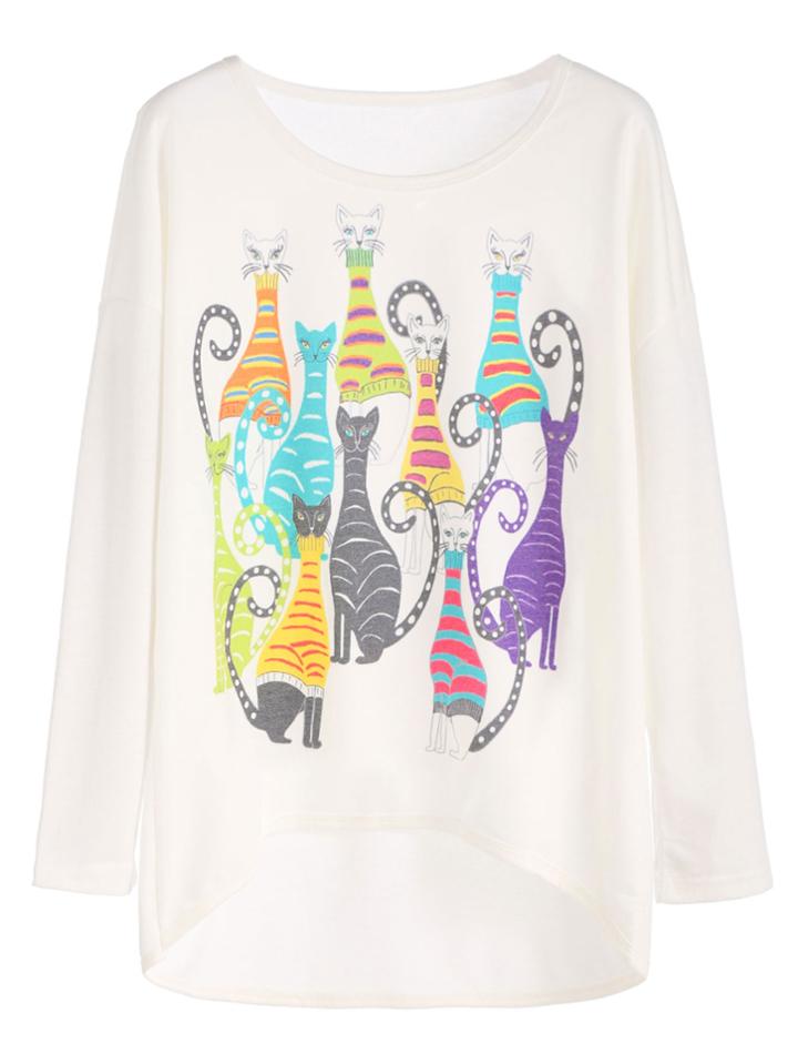 Shein White Cats Print Drop Shoulder High Low T-shirt