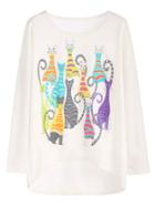 Shein White Cats Print Drop Shoulder High Low T-shirt