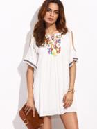 Shein White Hollow Sleeve Embroidered Shift Dress