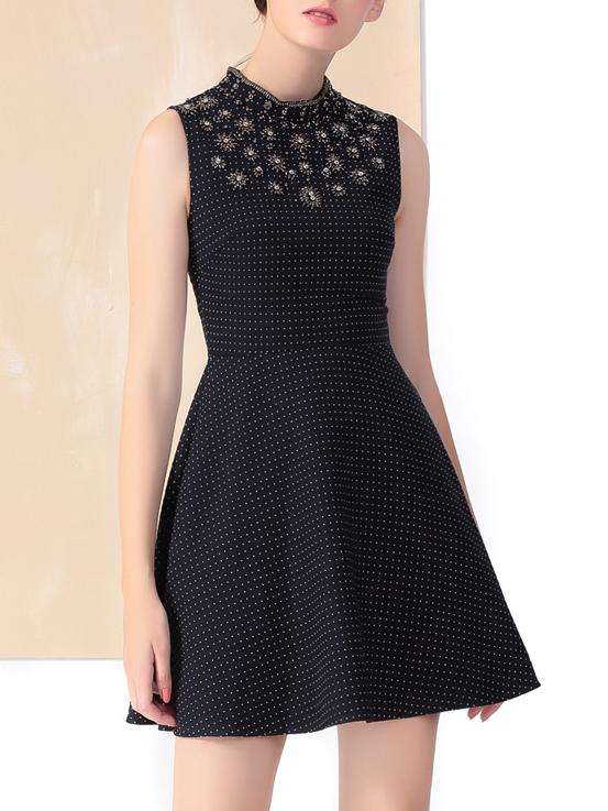 Shein Black Beading Polka Dot A-line Dress