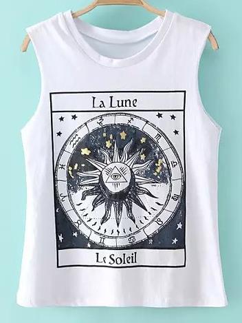 Shein White Sleeveless Print Casual T-shirt