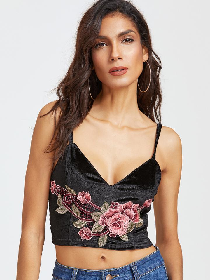 Shein Embroidered Flower Applique Crop Velvet Cami Top