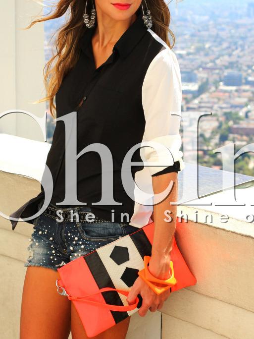 Shein Black Contrast Raglan Sleeve Pockets Blouse