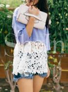 Shein Blue Contrast White Lace Hollow T-shirt