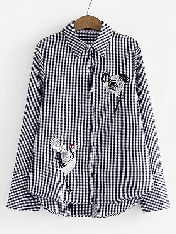 Shein Crane Embroidery Gingham Blouse
