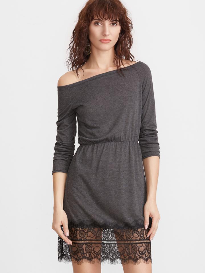 Shein Dark Grey Boat Neck Contrast Eyelash Lace Dress