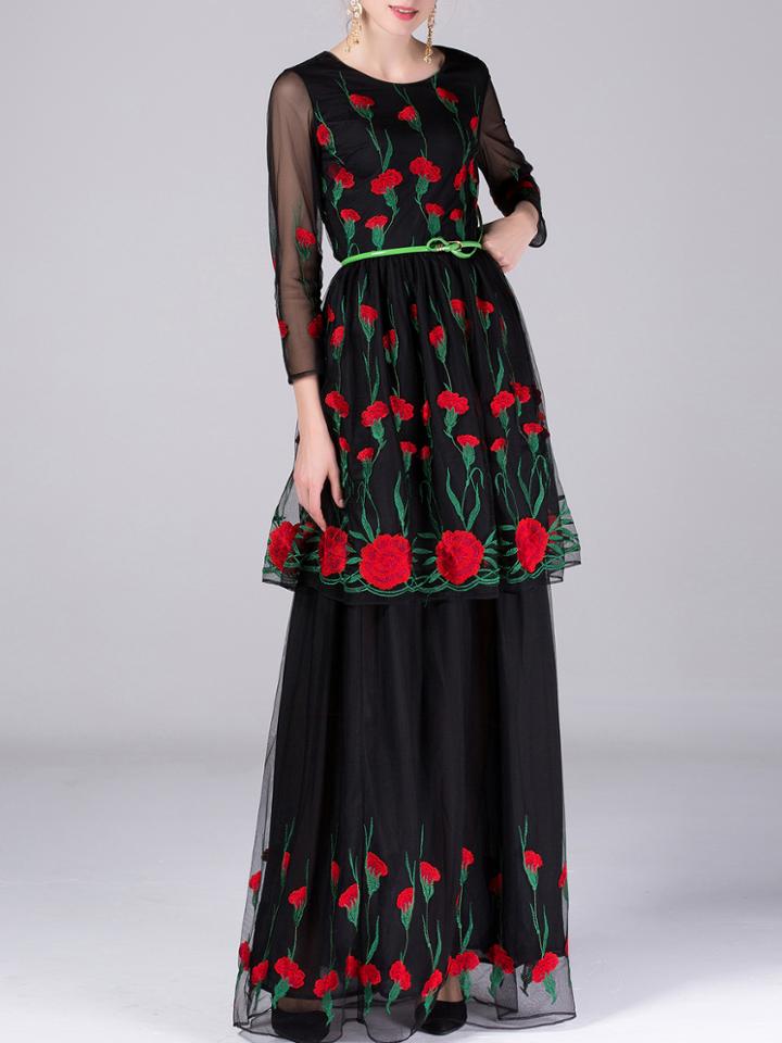 Shein Black Gauze Embroidered Belted Two-piece Dress